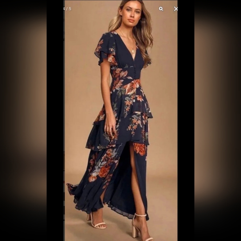 Midnight Mood Navy Blue Floral Print Tiered Maxi Dress Size XS